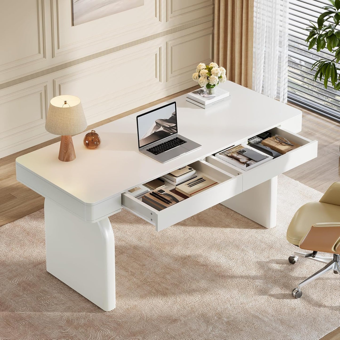 White Desk with Drawers, 63-Inch Modern Executive Office Desk, Glossy Elegant Work Study Desk Writing Table for Home Office, Cream White