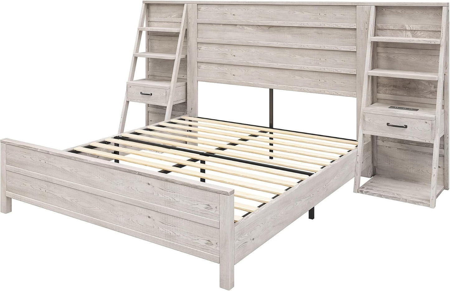 Queen Bed Frame with Bookcase Headboard & 4-Tier Bedside Shelf, Farmhouse Platform Bed with Charging Station and 2 Drawers, Noise-Free, No Box Spring Needed, Rustic White
