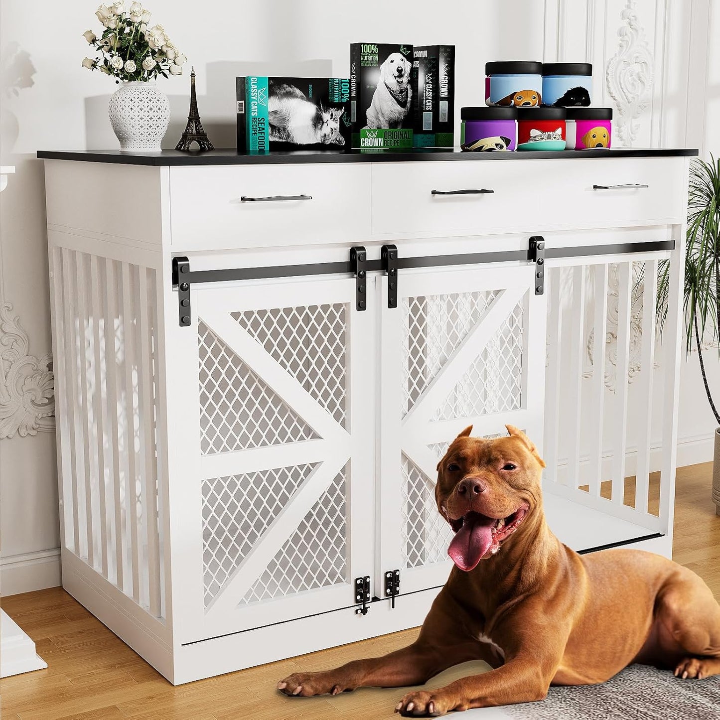 48" Dog Crate Furniture with Storage, Heavy Duty Dog Kennel Indoor with Divider for Small, Medium and Large Dogs, Large Dog Cage with Sliding Barn Door, Decorate House as TV Stand, End Table