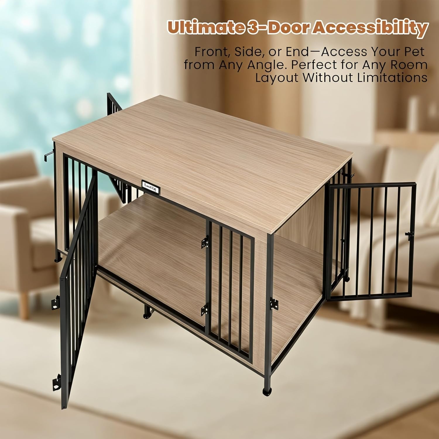 48" XL Dog Crate Furniture for Large Dogs, Farmhouse Light Oak Wood Dog Kennel, Heavy Duty Anti-Chew Steel Frame, Escape Proof Pet Crate, 3 Door Indoor Dog House, TV Stand Entertainment Center 350LB