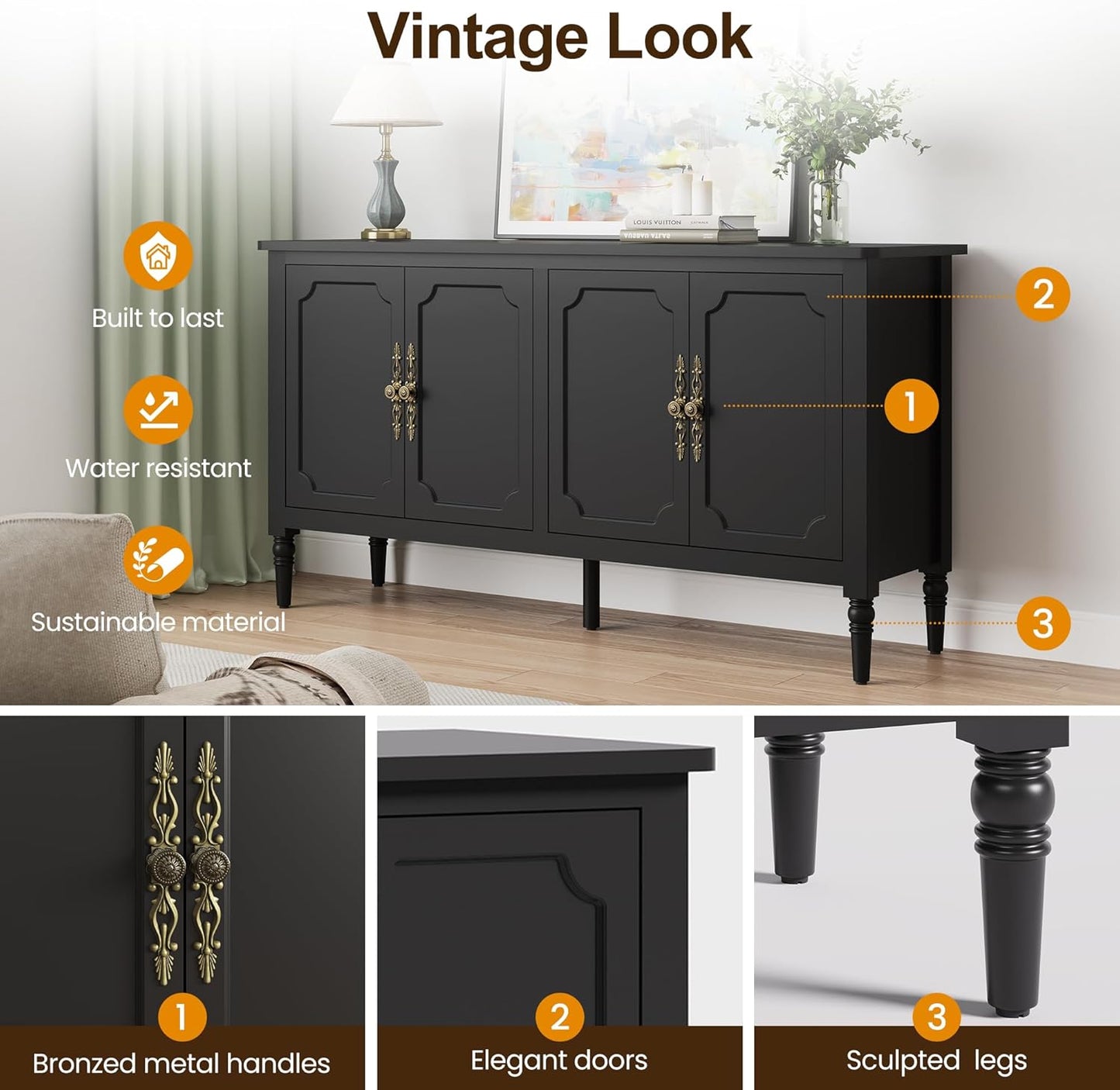 Large Sideboard Buffet Cabinet with Storage, 58'' Modern Credenza Buffet Table Coffee Bar Wine Bar Storage Cabinet with Artistic Carved Handle for Dining Room Living Room, (Satin Black)