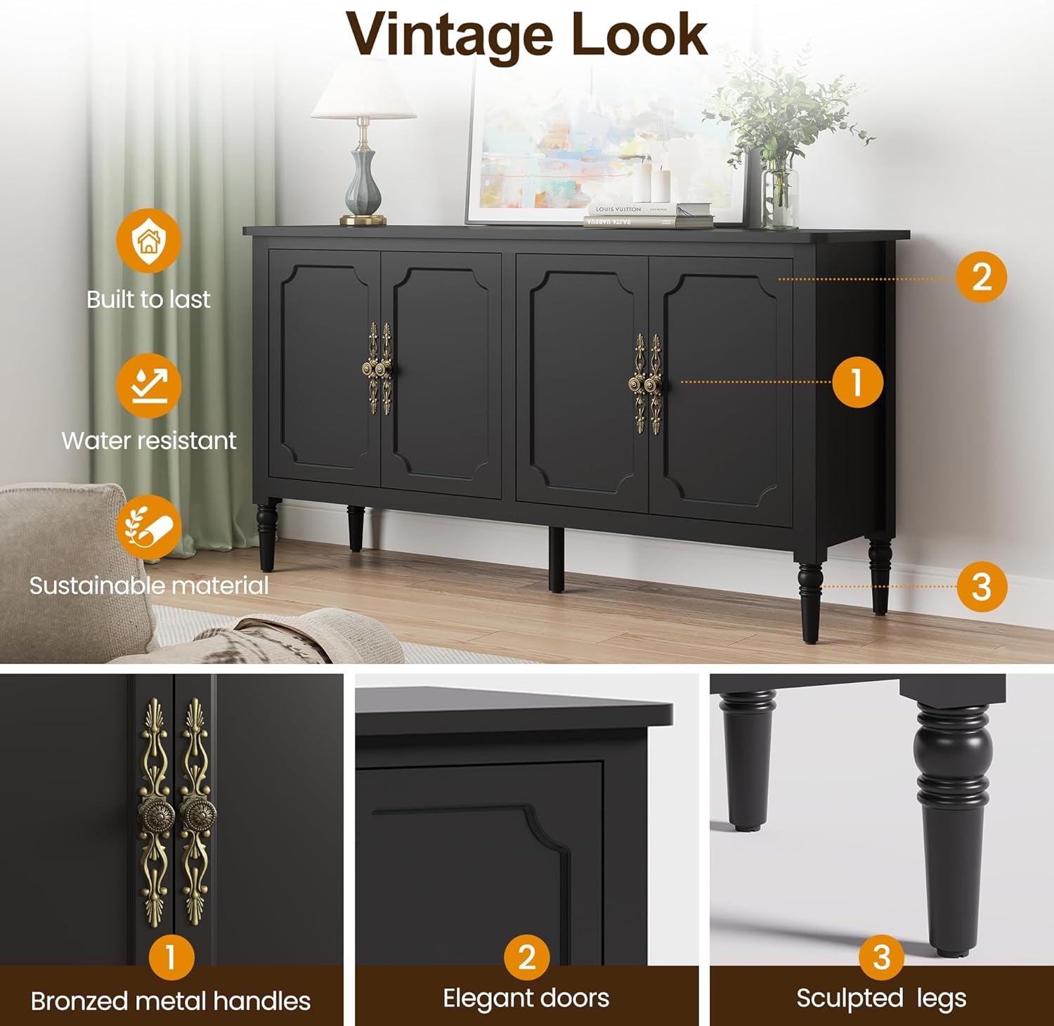 Large Sideboard Buffet Cabinet with Storage, 58'' Modern Credenza Buffet Table Coffee Bar Wine Bar Storage Cabinet with Artistic Carved Handle for Dining Room Living Room, (Satin Black)