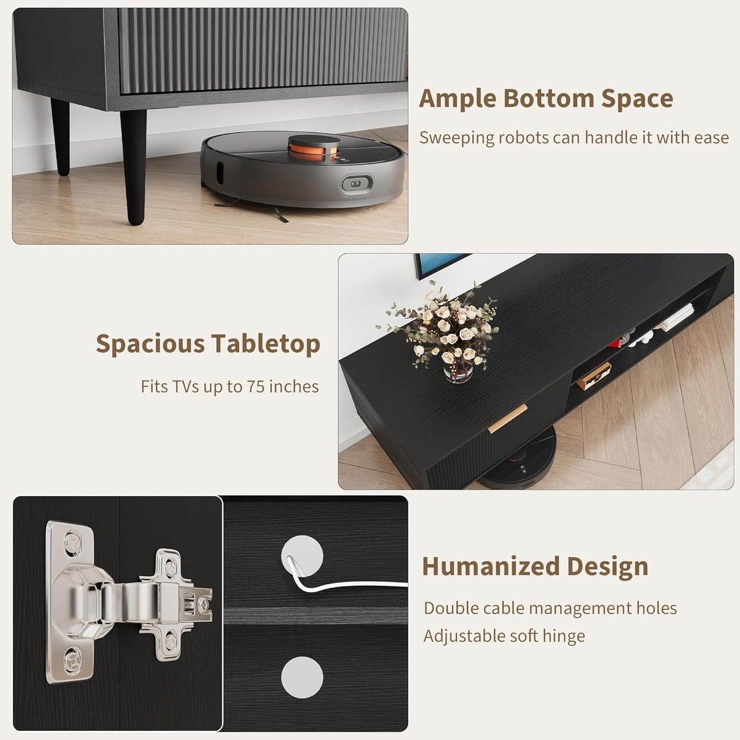 Black TV Stands, Mid Century Modern TV Stand, with 2 Large Storage Cabinets, for Tvs up to 75 In, Black Entertainment Center with Fluted Panel Design, Tvs Stands for Living Room, for Bedroom, Office