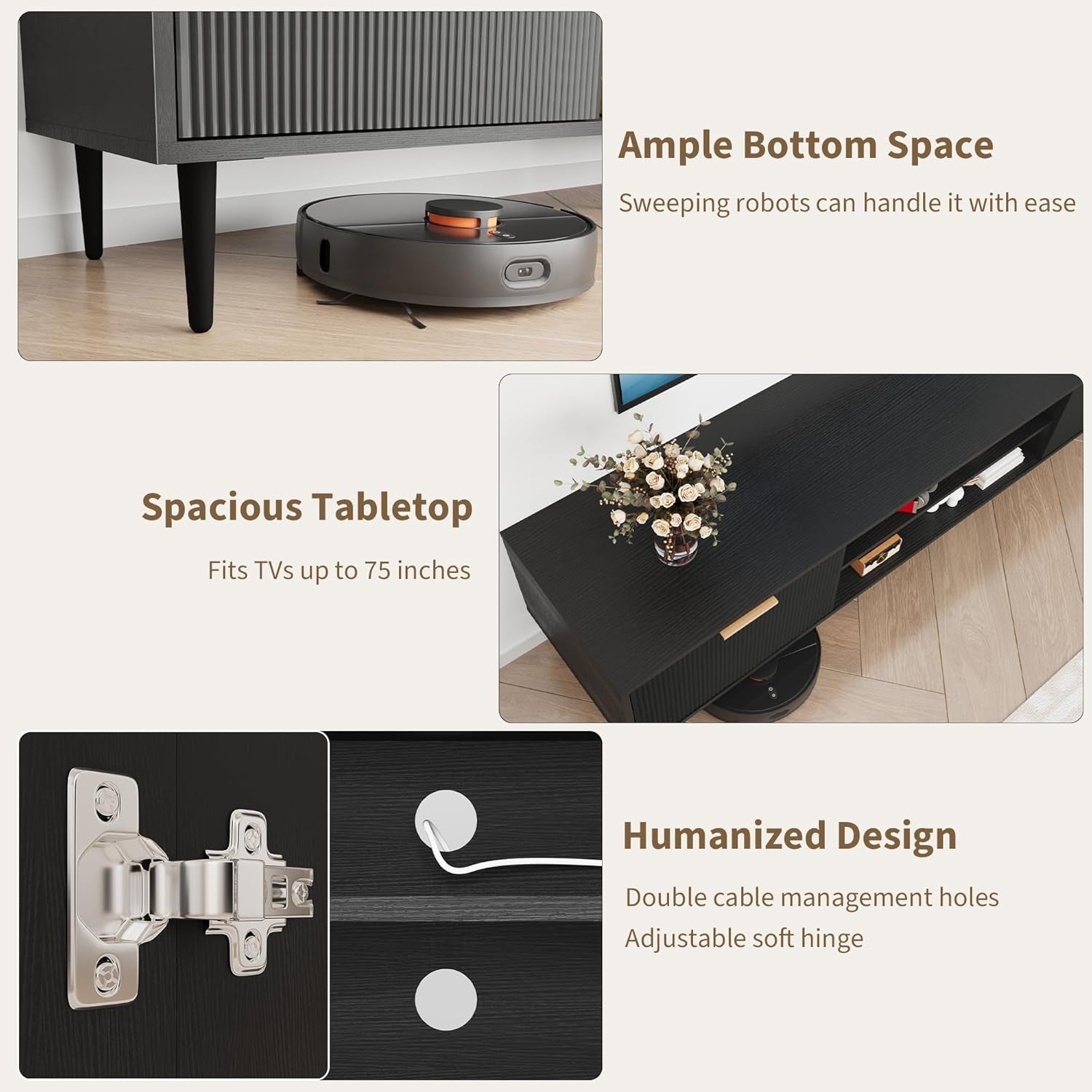 Black TV Stands, Mid Century Modern TV Stand, with 2 Large Storage Cabinets, for Tvs up to 75 In, Black Entertainment Center with Fluted Panel Design, Tvs Stands for Living Room, for Bedroom, Office