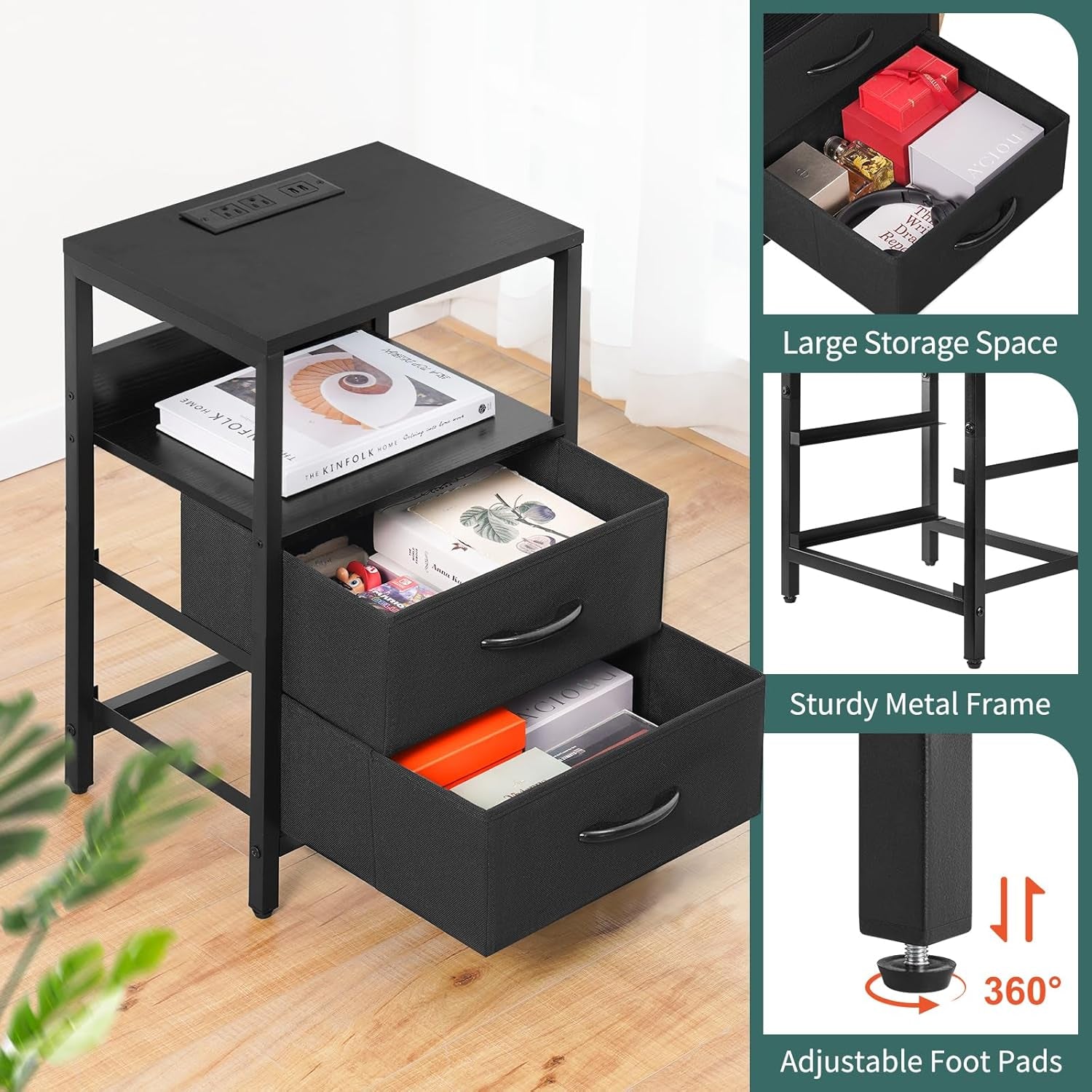 Nightstand with Charging Station, LED Night Stand with Fabric Drawers and Storage Shelf for Bedroom, Nightstands Bedside Tables with USB Ports & Outlets, Small Night Stands, Bed Side Table