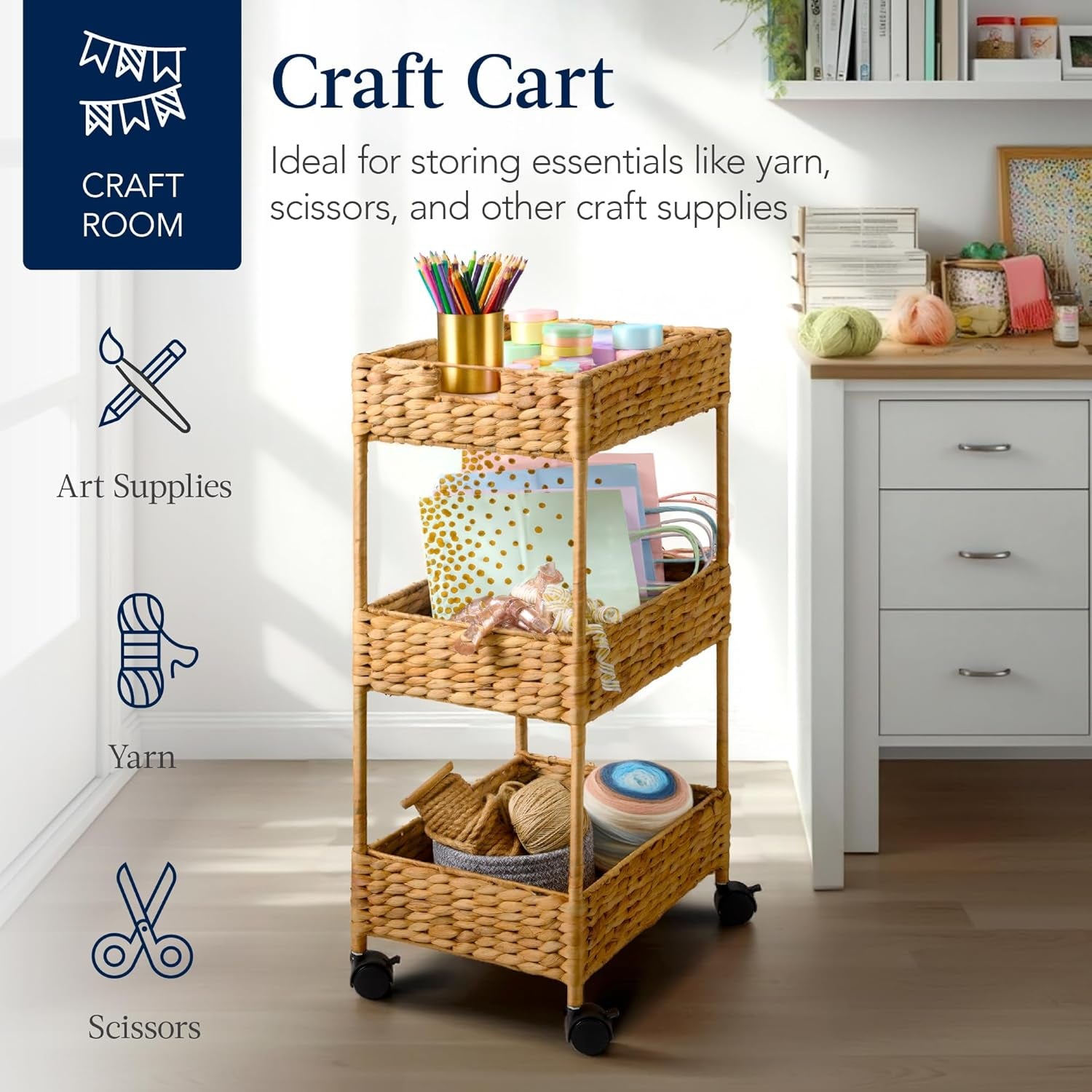 3-Tier Water Hyacinth Rolling Nursery Caddy W/Wheels, Utility Cart, Storage Organization for Bathroom, Craft Room, Laundry Room - Natural