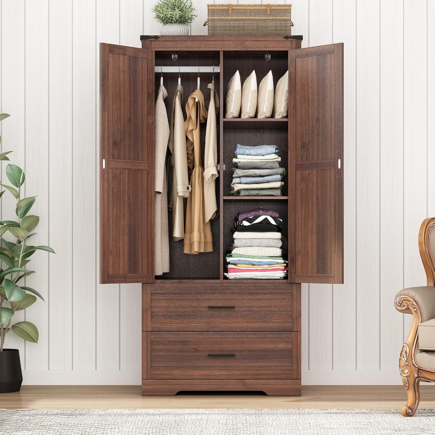 2 Doors Wardrobe Armoire Closet with Doors and Drawers, Farmhouse Wooden Armoire Storage Cabinet with Shelves & Hanging Rod for Bedroom, Brown