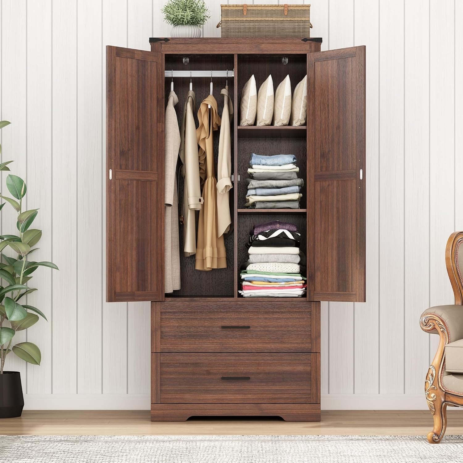 2 Doors Wardrobe Armoire Closet with Doors and Drawers, Farmhouse Wooden Armoire Storage Cabinet with Shelves & Hanging Rod for Bedroom, Brown