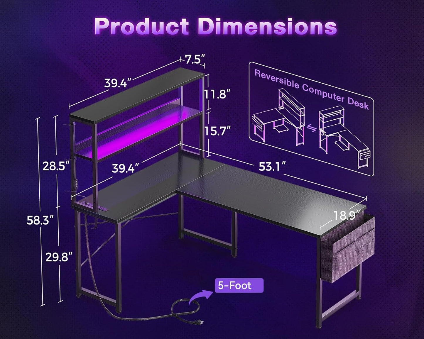 53 Inch L Shaped Desk with LED Lighting, Reversible Gaming Desk with Power Outlets, Cornor Computer Table with Storage Shelves & Bag & Iron Hook, Home Office Table for Writing, Study, Black