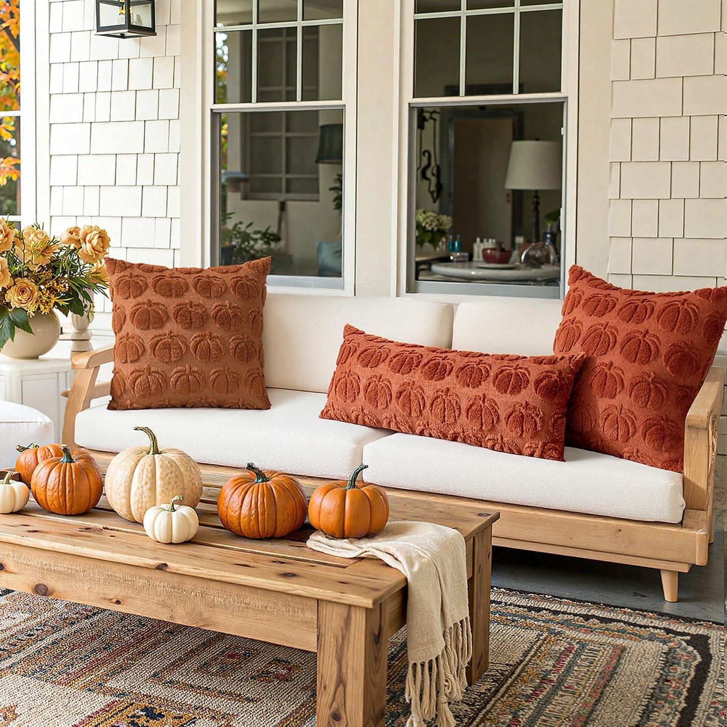 Fall Throw Pillow Covers 20X20 Set of 2 Autumn Decorations Rust Pumpkin Accent Pillowcase for Outdoor Porch Sofa Couch Bed Living Room Plush Faux Fur Halloween Farmhouse Home Decor