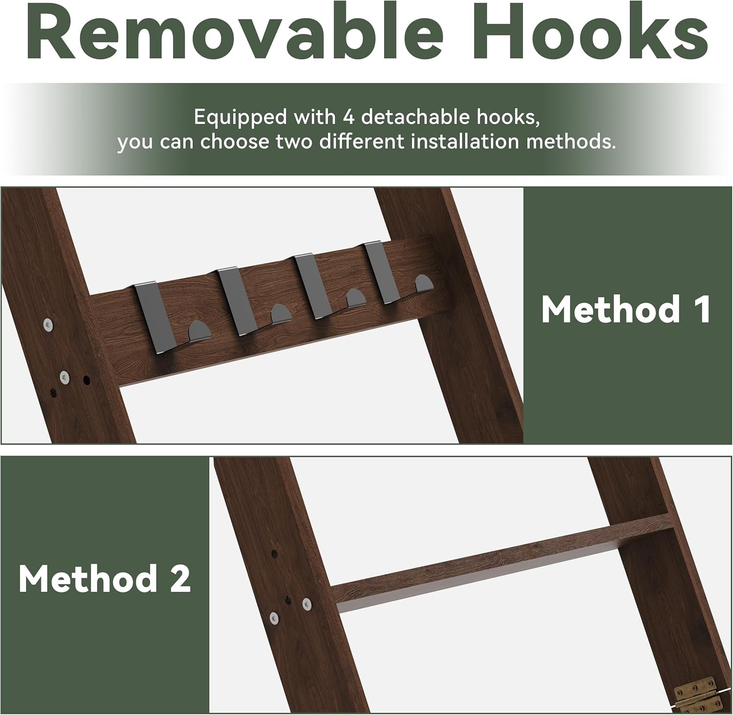 6-Tier Blanket Ladder for Living Room, 5.6FT Pine Wood Quilt Rack with 4 Anti-Slip Straps and 4 Removable Hooks, Lightweight, Easy Assembly, Hinged Design, Farmhouse Decorative Shelf