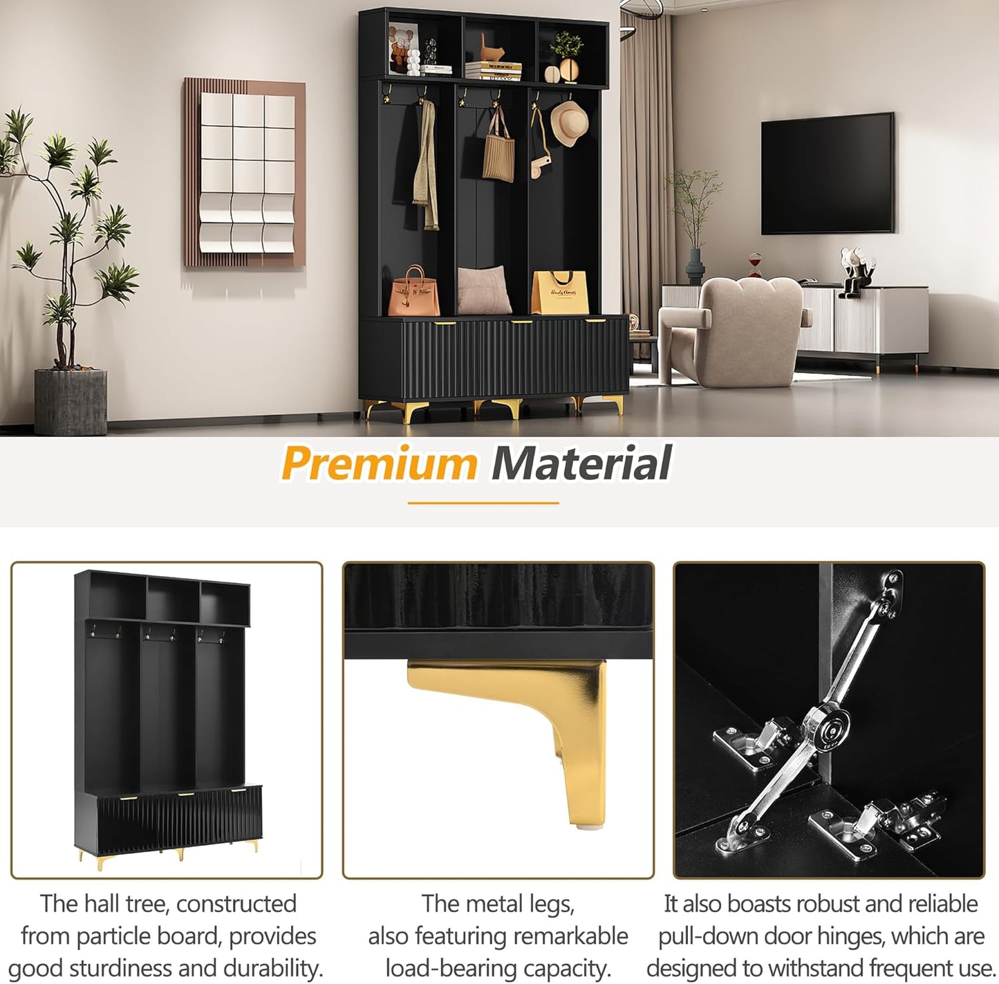 Modern Large Storage Hall Tree with Bench, Multi-Functional with High Gloss Fluted Doors, Coat Rack with 6 Gold Hooks for Entryway, Living Room, Black