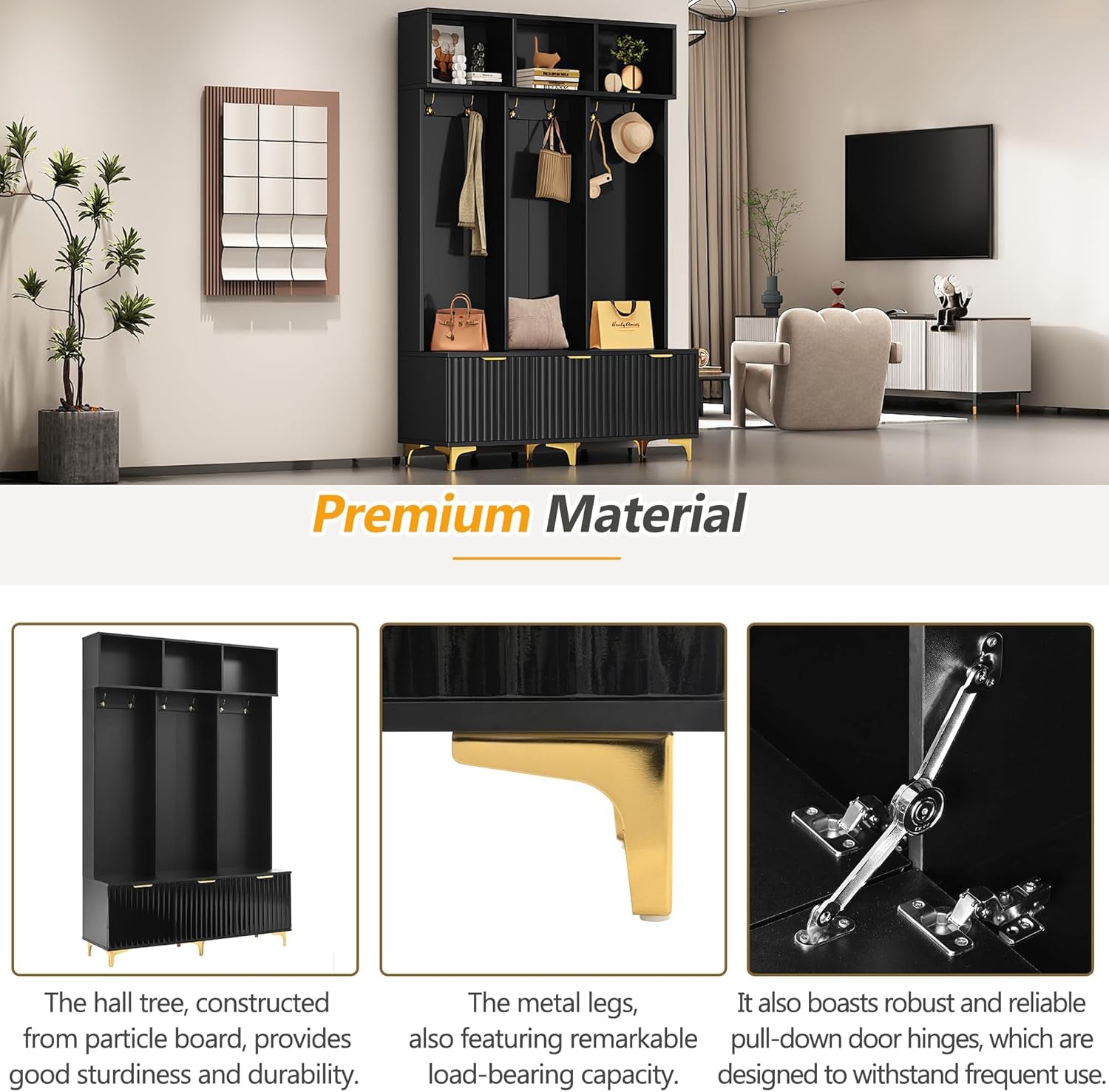 Modern Large Storage Hall Tree with Bench, Multi-Functional with High Gloss Fluted Doors, Coat Rack with 6 Gold Hooks for Entryway, Living Room, Black