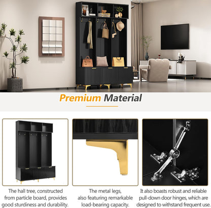 Modern Large Storage Hall Tree with Bench, Multi-Functional with High Gloss Fluted Doors, Coat Rack with 6 Gold Hooks for Entryway, Living Room, Black