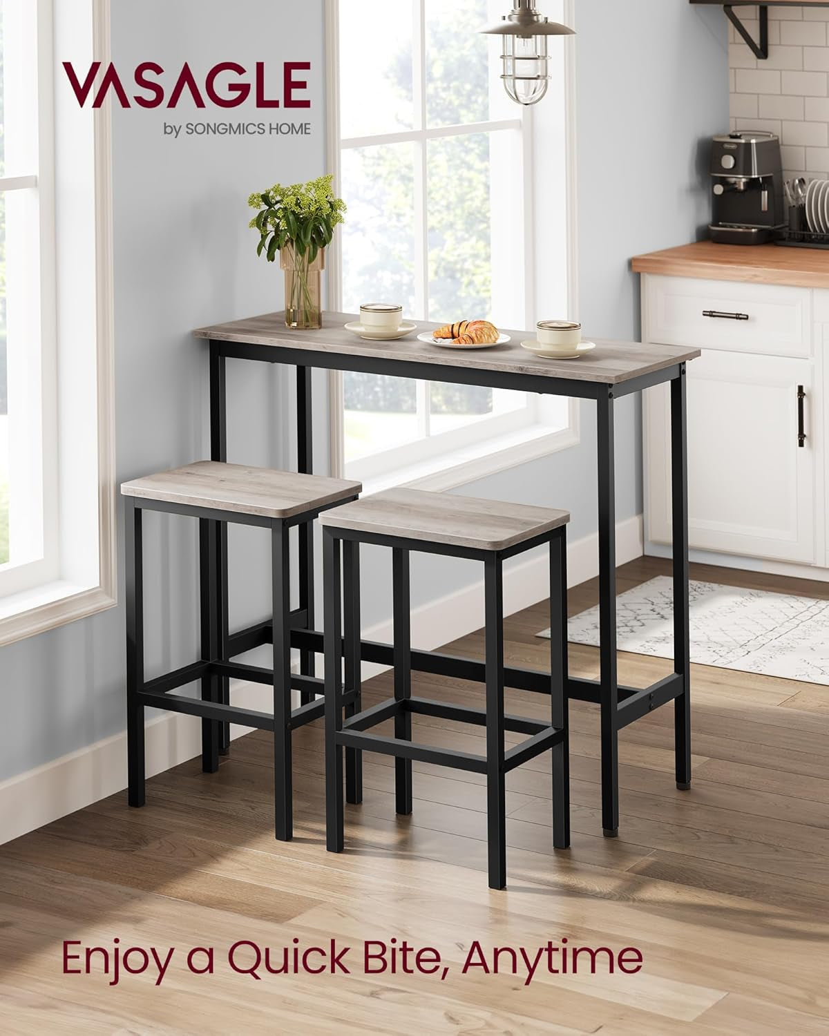 Dining Table Set, Bar Table and Chairs Set, Kitchen Bar Height Table with Stools Set of 2, Steel Frame, Industrial, 39.4 X 15.7 X 35.4 Inches, Heather Greige and Ink Black ULBT218B02