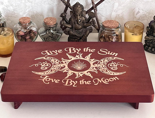 Altar Table, Meditation Table, Small Altar Table, Wooden Witch Altar, Wiccan Alter Table, Buddhist Shrine, Engraved Triple Goddess on Table Top, 12 × 8 Inches