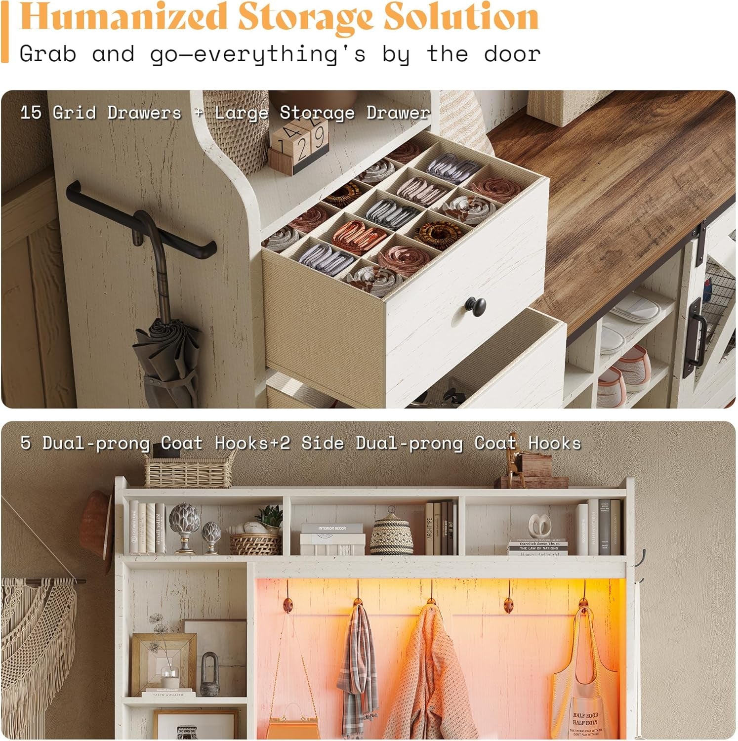 7-In-1 Farmhouse Hall Tree with Bench and Shoe Cabinet, LED Entryway Organizer with 2 Drawers, 12 Shoe Cubbies & Barn Doors, 7 Coat Racks with Shoe Storage, Rustic White