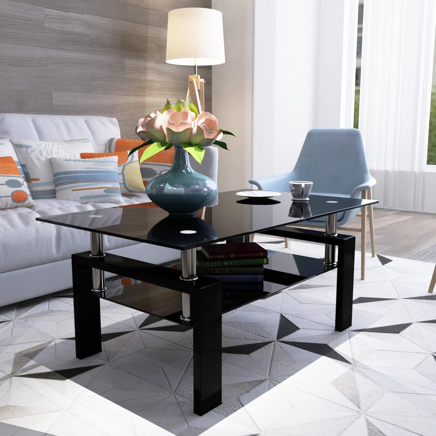 Glass Coffee Table, Black Living Room Rectangle Coffee Table with Tempered Glass & Metal Tube, 2 Layers of Storage Space Modern Tea Table Side Table for Waiting Room Small Space