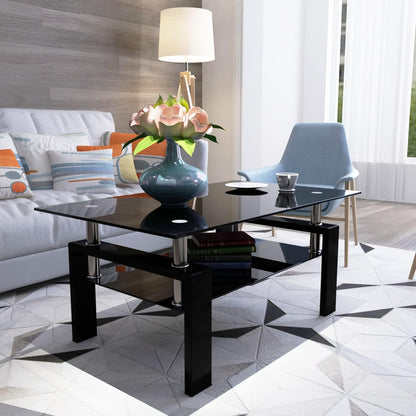 Glass Coffee Table, Black Living Room Rectangle Coffee Table with Tempered Glass & Metal Tube, 2 Layers of Storage Space Modern Tea Table Side Table for Waiting Room Small Space