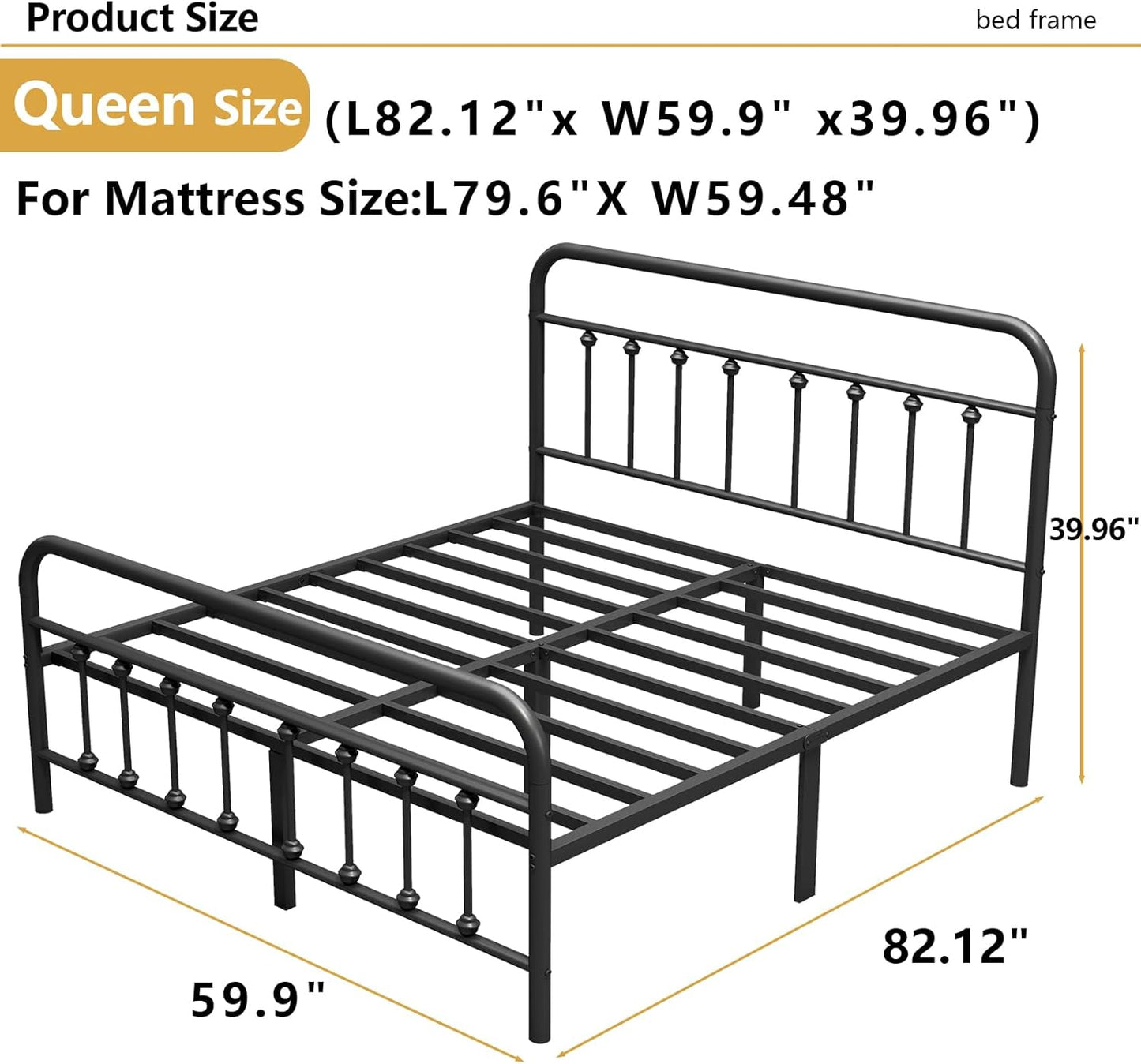 Metal Bed Frame,Queen Size Bed Frame with Headboard,Structurally Stable, Heavy Duty Steel Slat Supported,Under Bed Storage,No Box Spring Needed,14 Inch,Black