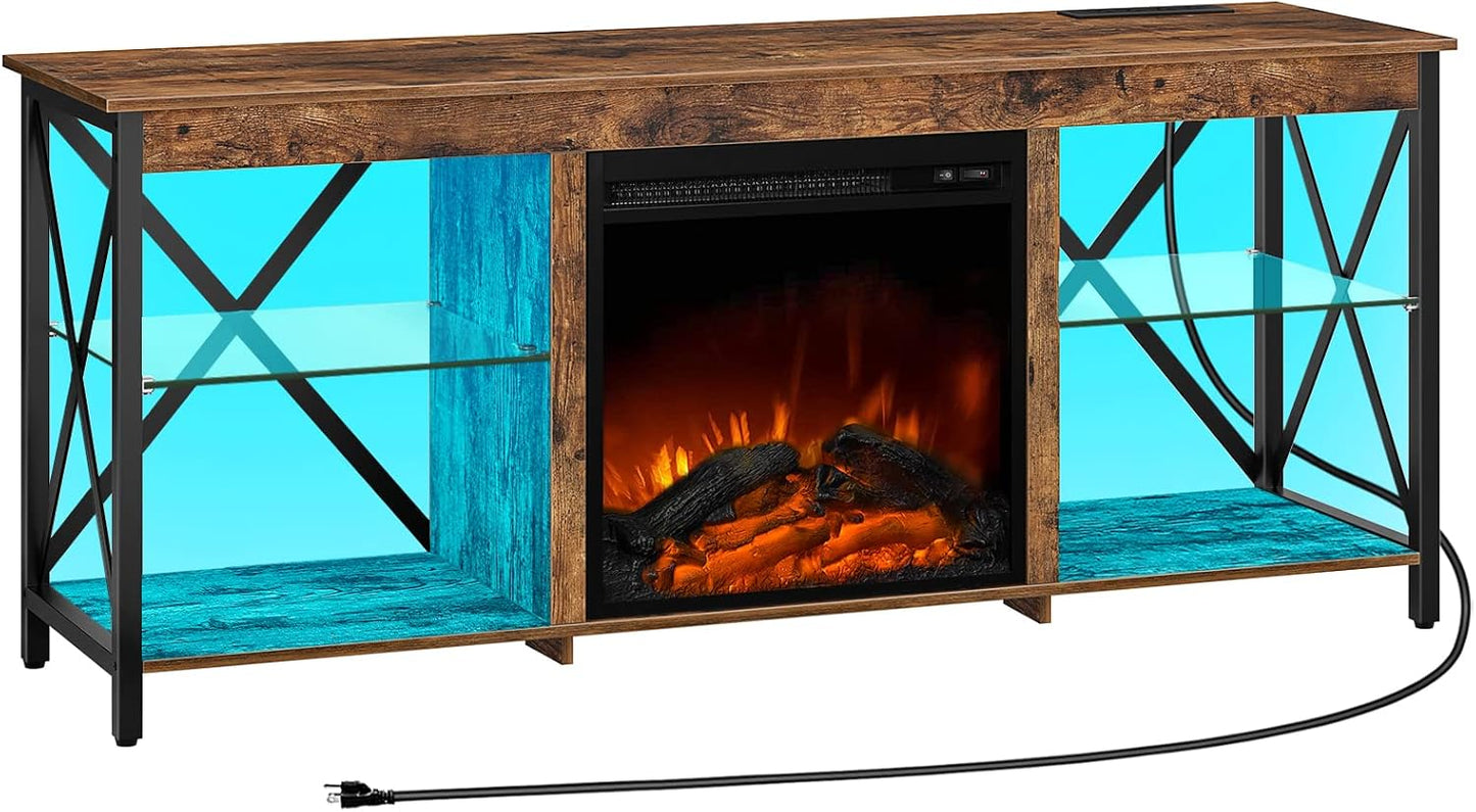 Fireplace TV Stand with Charging Station and LED Lights, TV Stand with Fireplace for Tvs up to 65", Entertainment Center with Fireplace, Glass Shelves, Rustic Brown and Black BF140UDDS01