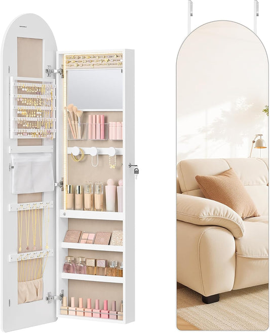 Wide Jewelry Organizer, LED Jewelry Cabinet Wall/Door Mounted, Arched Mirror with Storage, Lockable, Rounded Corner, Interior Mirror, 3.9 X 16.5 X 55.1 Inches, Cloud White UJJC040WB01