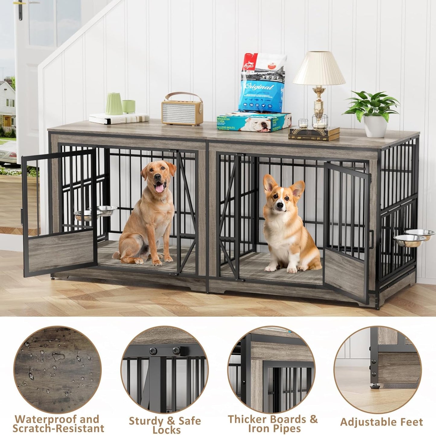 71'' Double Dog Crate Furniture for 2 Dogs, Extra Large Dog Cage with Adjustable Divider, Heavy Duty Dog Kennel Indoor with 4 Bowls, XXL Dog Crate Wooden TV Stand End Table for Large Breed, Grey