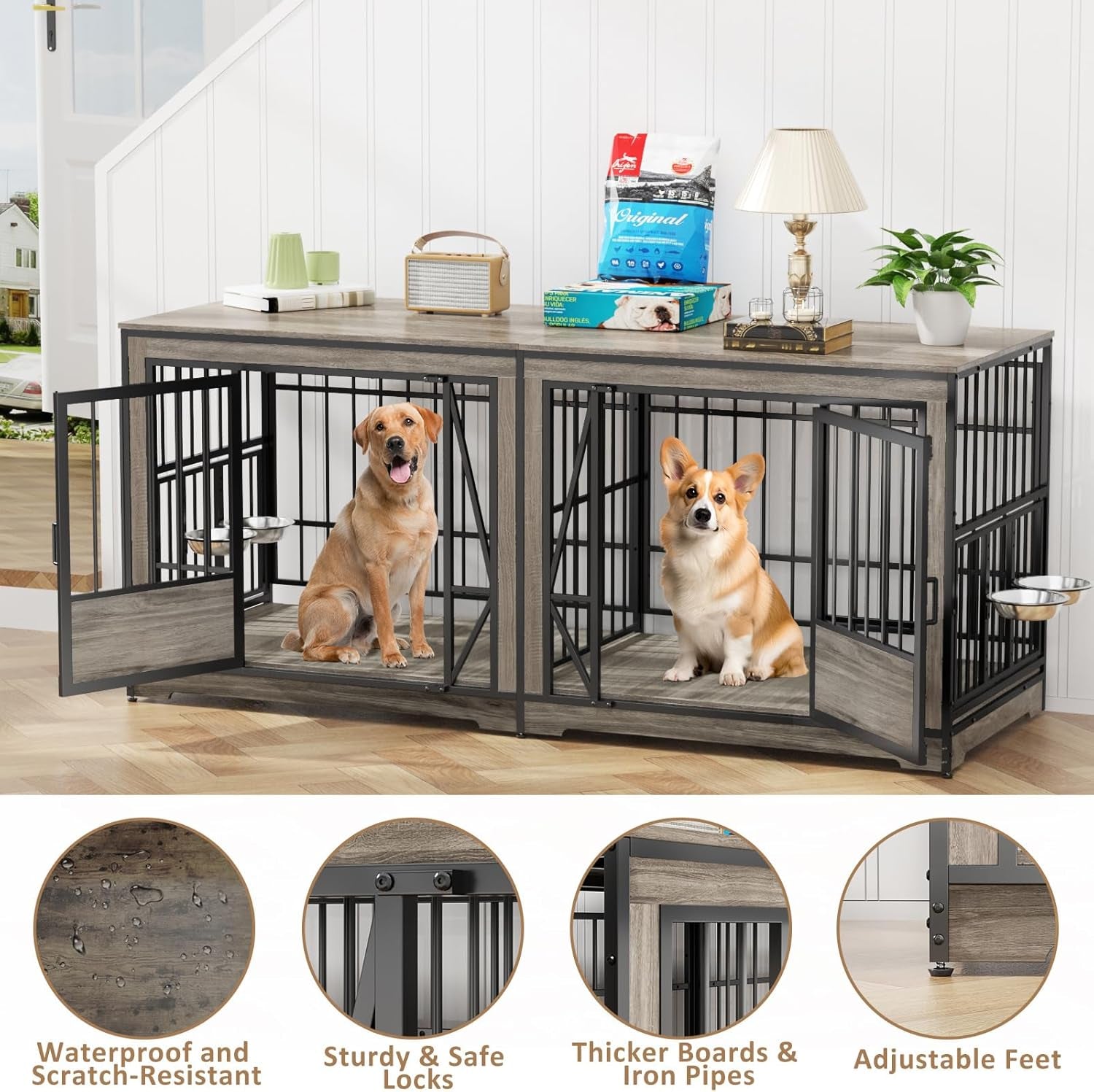 71'' Double Dog Crate Furniture for 2 Dogs, Extra Large Dog Cage with Adjustable Divider, Heavy Duty Dog Kennel Indoor with 4 Bowls, XXL Dog Crate Wooden TV Stand End Table for Large Breed, Grey