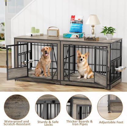 71'' Double Dog Crate Furniture for 2 Dogs, Extra Large Dog Cage with Adjustable Divider, Heavy Duty Dog Kennel Indoor with 4 Bowls, XXL Dog Crate Wooden TV Stand End Table for Large Breed, Grey