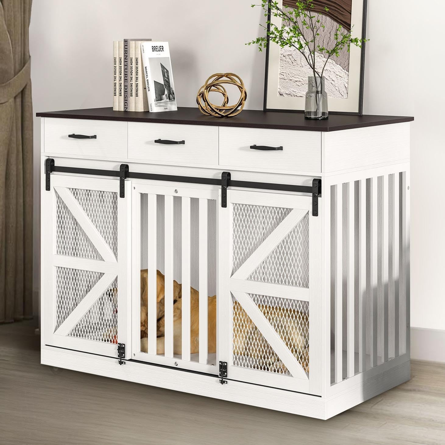 48" Dog Crate Furniture with Storage, Heavy Duty Dog Kennel Indoor with Divider for Small, Medium and Large Dogs, Large Dog Cage with Sliding Barn Door, Decorate House as TV Stand, End Table