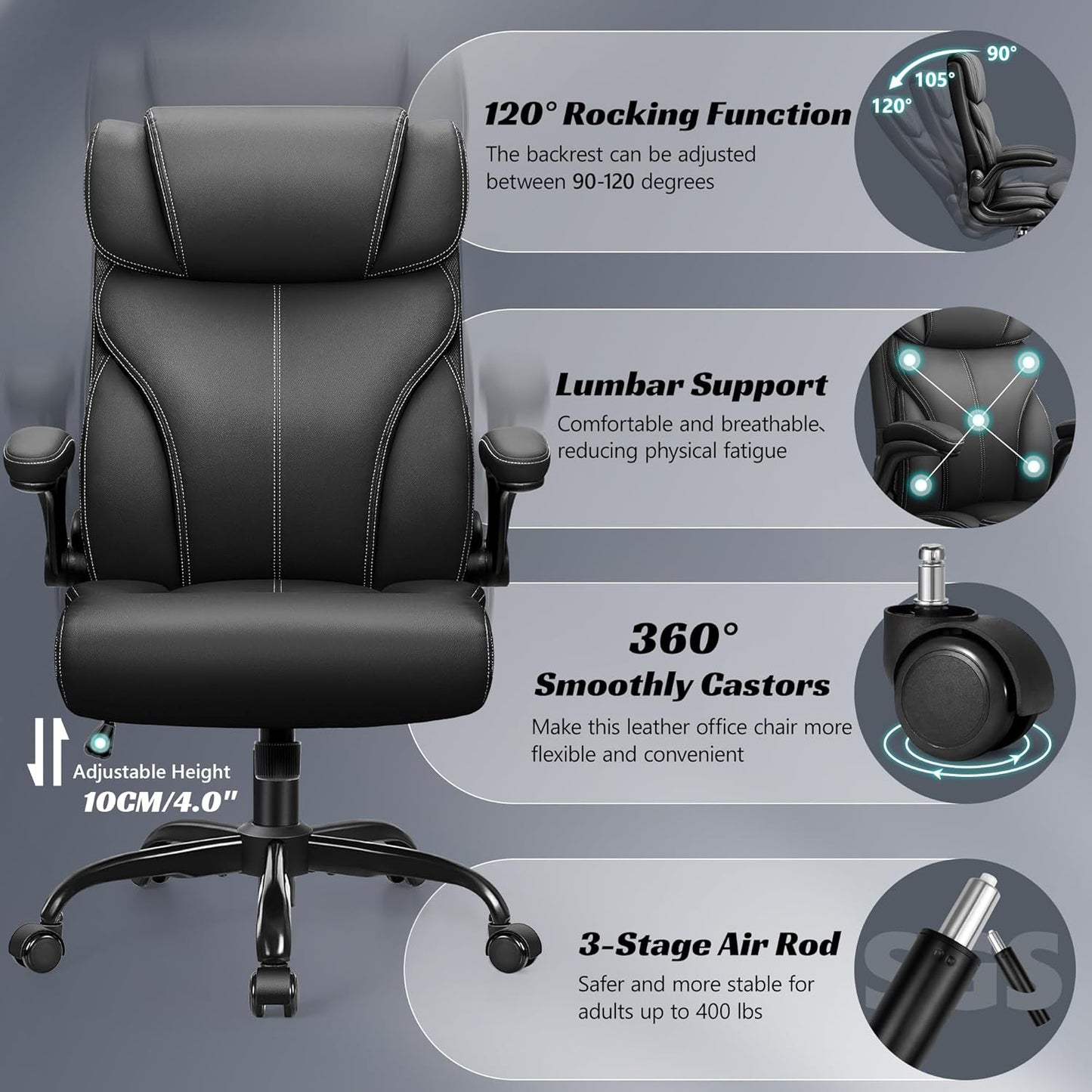 Office Chair, Ergonomic Big and Tall Computer Desk Chairs, Executive Breathable Leather Chair with Adjustable Flip-Up Armrests, Lumbar Support Swivel PC Chair with Rocking Function
