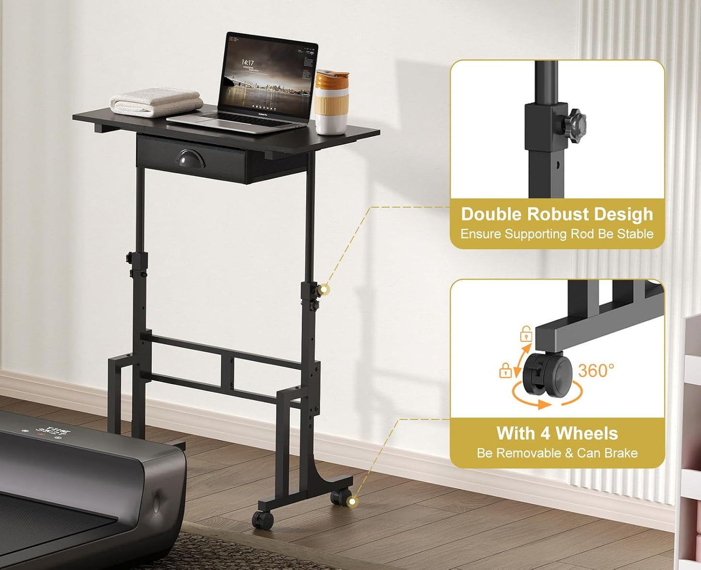 Adjustable Height Standing Desk with Drawer, Rolling Sit Stand up Desk with Wheels, Small Sit to Stand Computer Desk, Adjustable Desktop Height, on Wheels, Black, for Walking Pad Laptop Treadmill