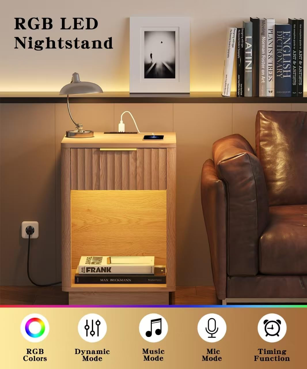 Fluted Nightstands Set of 2, Wooden Night Stand with Charging Station and LED Light, Modern Mid Century End Table with Drawer, 15" D X 15.7" W X 22.6" H, for Bedroom, Natural Oak