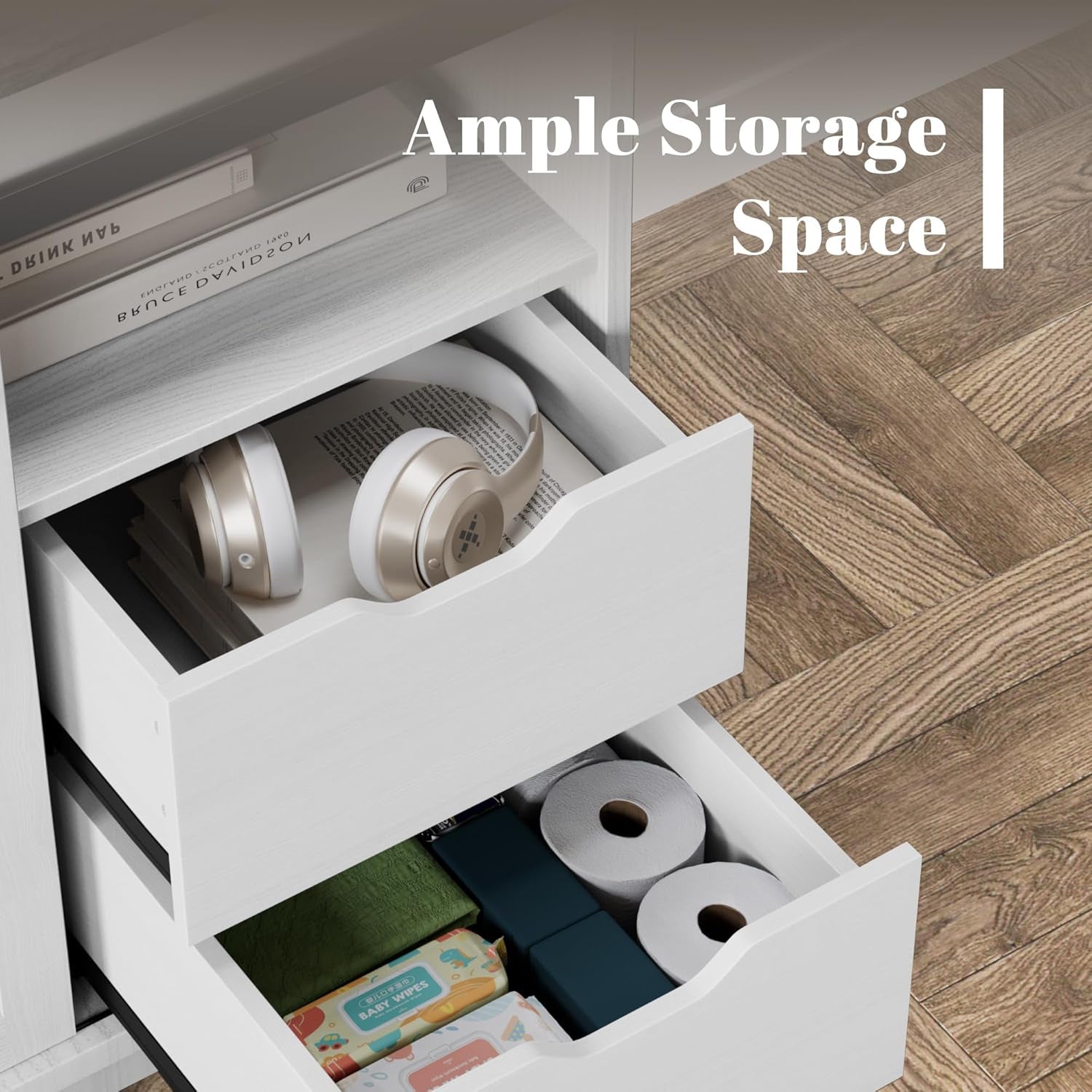 TV Stand for Televisions up to 65 Inchs, with Sliding Barn Doors and 4 Storage Drawers, Console Table and Media Furniture for Living Room, 58 Inch, Milk White