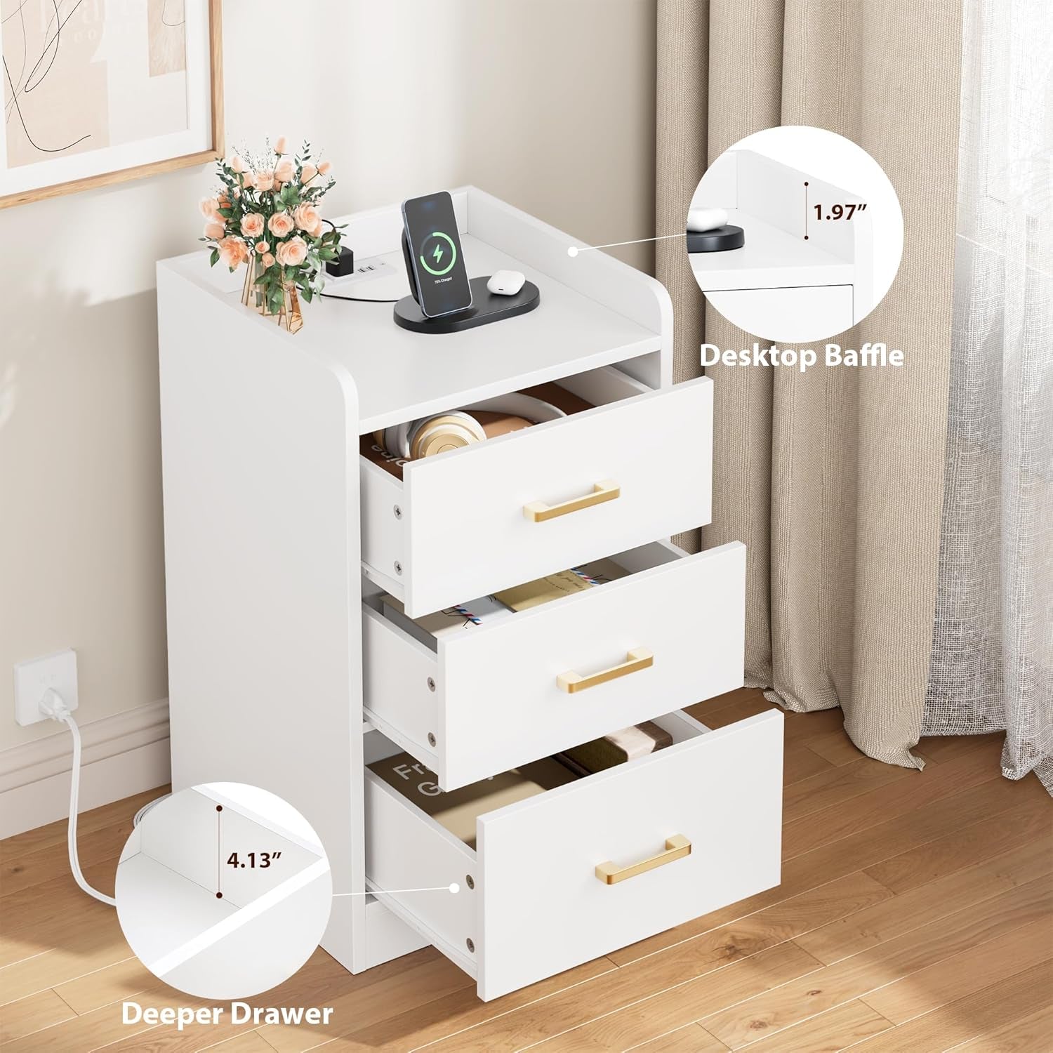 Nightstands Set of 2 with Charging Station, 3 Drawer Nightstand with Gold Handles, White Nightstand for Bedroom, Modern Design End Side Table for Home, Office