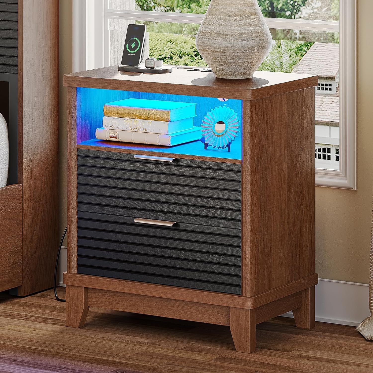 Fluted Night Stand Set of 2 with Charging Station and 2 Drawers, Black Nightstands Set of 2, beside Table with Open Storage and Led Lights, Retro End Side Table for Bedroom, Black