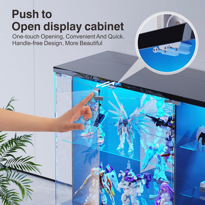 Glass Display Cabinet with Lock & LED Light, High Gloss Sideboard with Human Body Sensor & Glass Shelves for Toys, Books, Collectibles, Liquor, Bookcase for Living Room, Kitchen, Study, Black