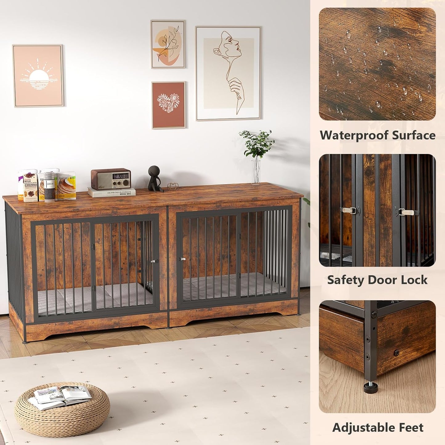 75" Dog Crate Furniture for 2 Dogs, Wooden Extra Large Double Dog Cage Furniture, Decorative Dog Kennels with Double Doors, Indoor Dog Crate TV Stand for Large Dogs, Brown