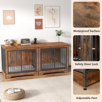 75" Dog Crate Furniture for 2 Dogs, Wooden Extra Large Double Dog Cage Furniture, Decorative Dog Kennels with Double Doors, Indoor Dog Crate TV Stand for Large Dogs, Brown