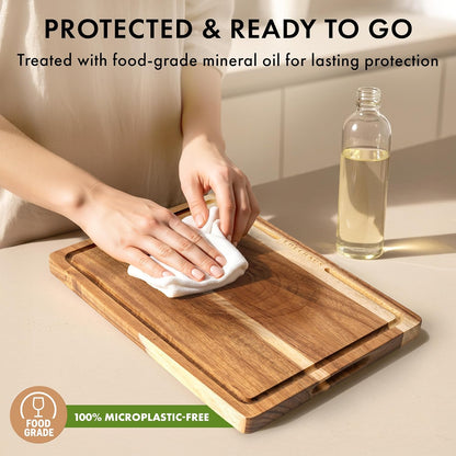 Acacia Wood Cutting Board for Kitchen, Non-Toxic Cutting Board Set of 3, Chopping Boards with Deep Juice Groove for Meat, Cheese & Vegetables - Durable & Double Sided with Serving Compartments