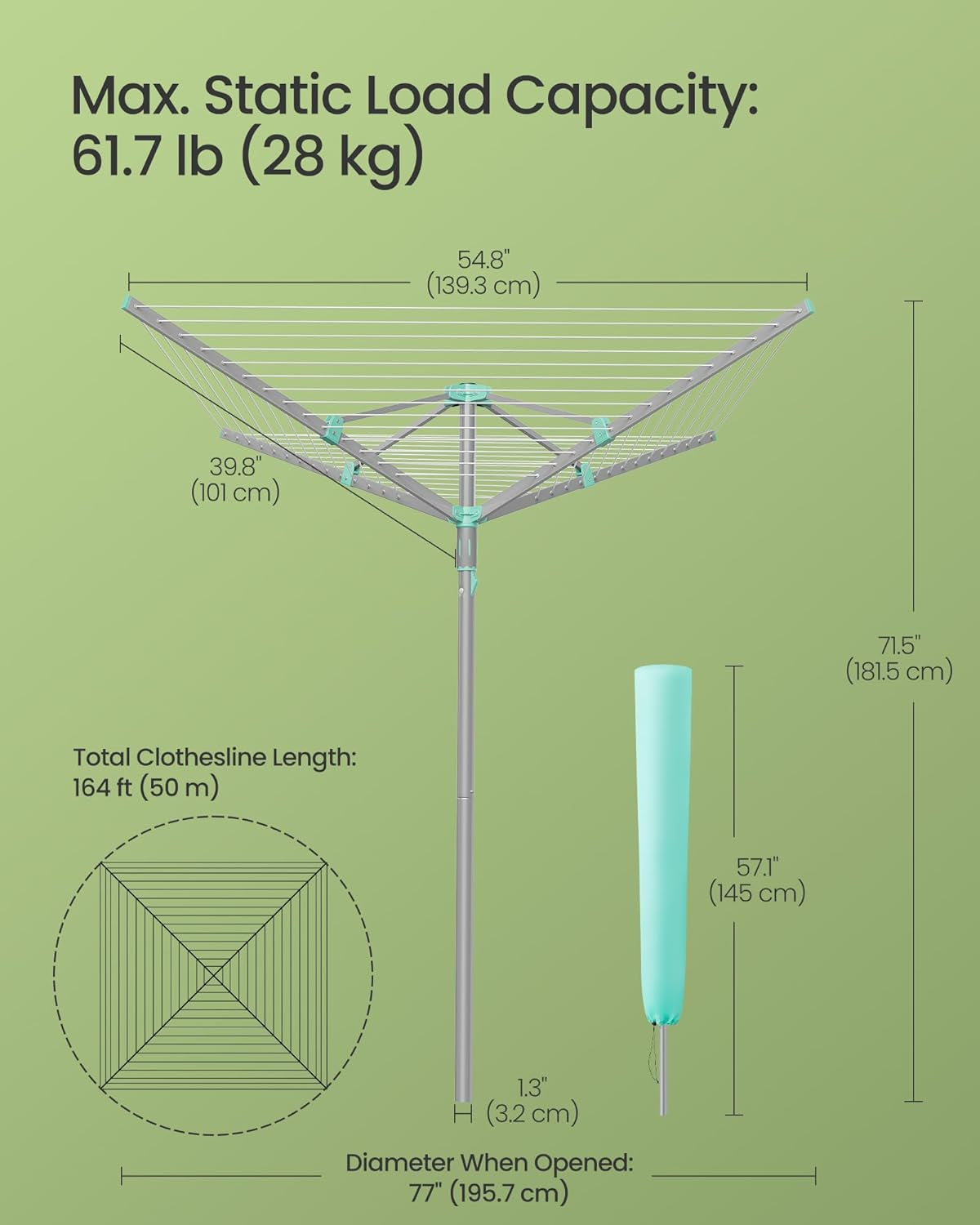 Umbrella Clothesline, Rotary Washing Line, Foldable Heavy-Duty Outdoor Clothes Drying Rack with Clips, Cover, Ground Anchor, 164 Ft (50 M) Long for 5 Loads of Laundry, Silver ULLR307EZ01