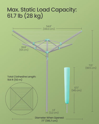 Umbrella Clothesline, Rotary Washing Line, Foldable Heavy-Duty Outdoor Clothes Drying Rack with Clips, Cover, Ground Anchor, 164 Ft (50 M) Long for 5 Loads of Laundry, Silver ULLR307EZ01