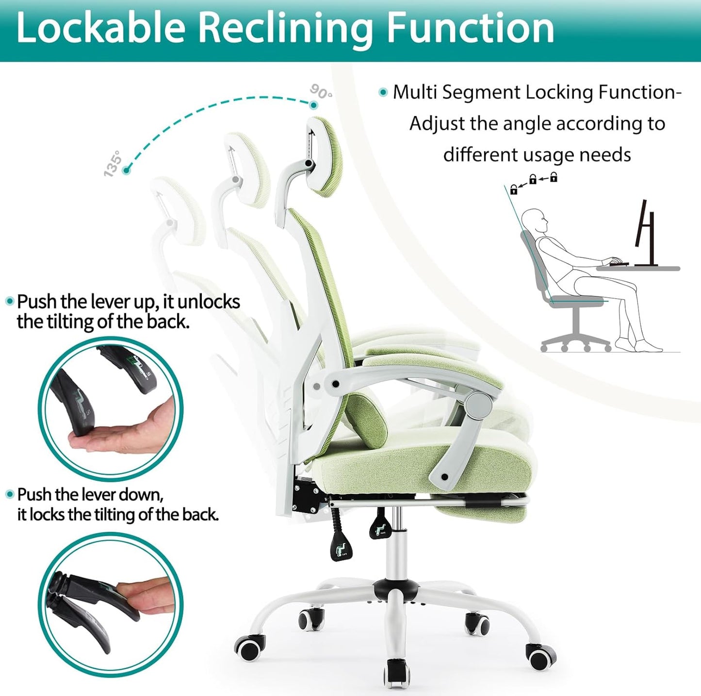 Office Desk Chair with Footrest Ergonomic Gaming Chair for Adults Computer Mesh, Lumbar Support,Swivel Reclining with Headrest, Comfy Armrest for Home, Office, Work, Study, Light Green