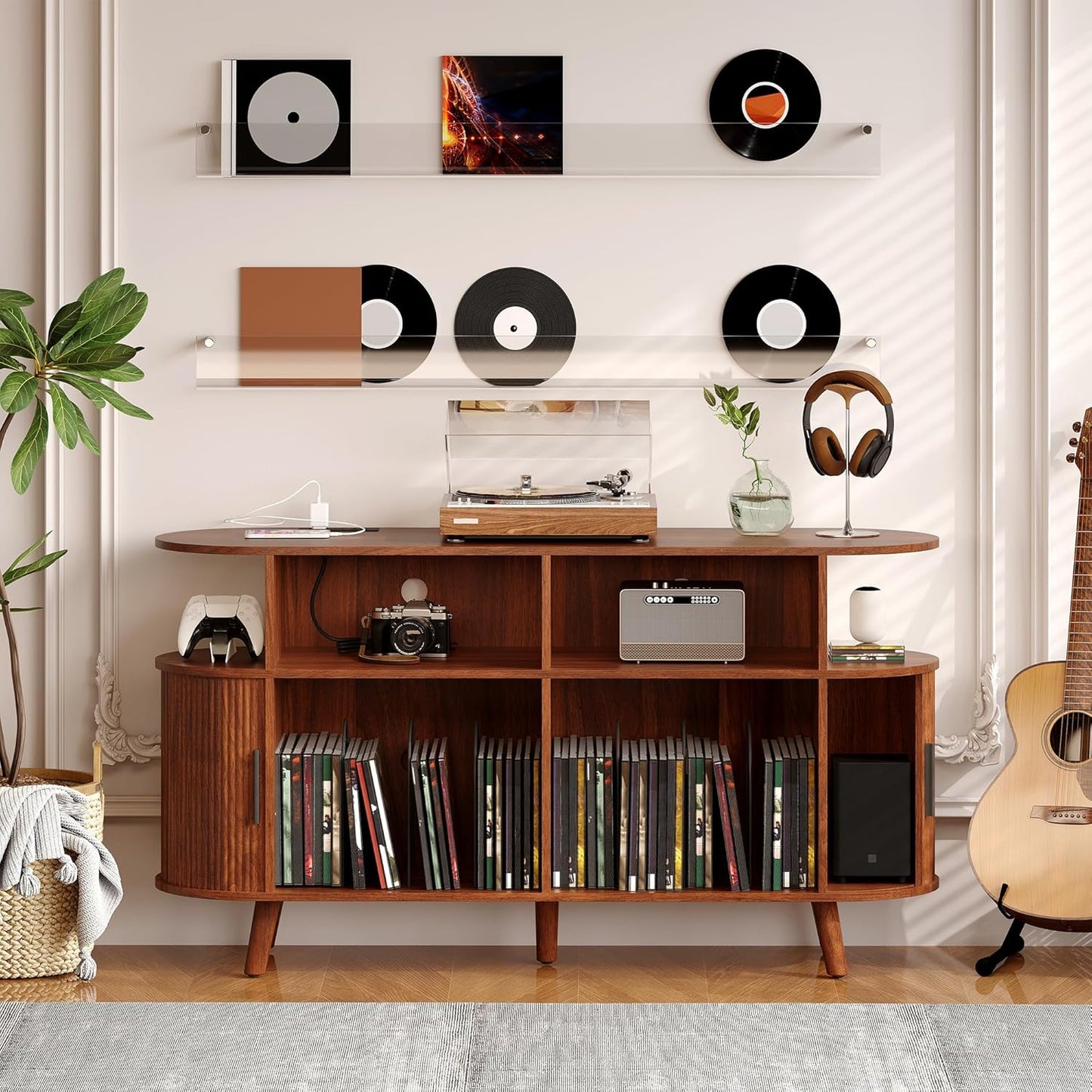 55" Large Record Player Stand with Vinyl Storage – round Mid-Century Record Player Table Rustic Turntable Stand with Open Display Shelves, Charging Station, Media Cabinet for Office & Home