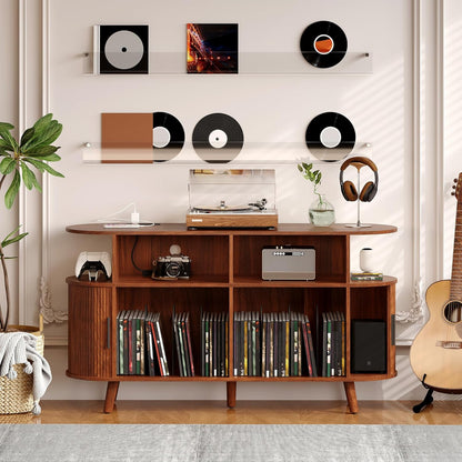 55" Large Record Player Stand with Vinyl Storage – round Mid-Century Record Player Table Rustic Turntable Stand with Open Display Shelves, Charging Station, Media Cabinet for Office & Home