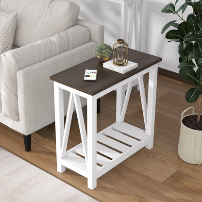 Farmhouse End Table, Narrow Side Table, Slim End Table with Storage Shelf for Small Spaces, Rustic Nightstand, for Living Room, Bedroom White