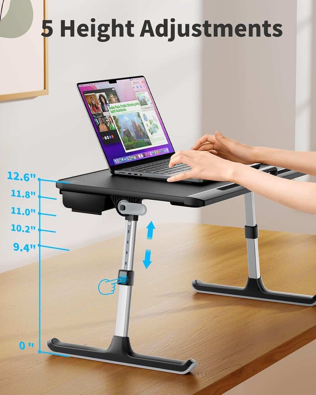 Laptop Bed Tray Table, Adjustable PVC Leather Laptop Bed Table, Portable Standing Desk with Storage Drawer, Foldable Lap Tablet Table for Sofa Couch Floor (Dark Black)