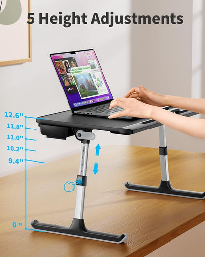 Laptop Bed Tray Table, Adjustable PVC Leather Laptop Bed Table, Portable Standing Desk with Storage Drawer, Foldable Lap Tablet Table for Sofa Couch Floor (Dark Black)