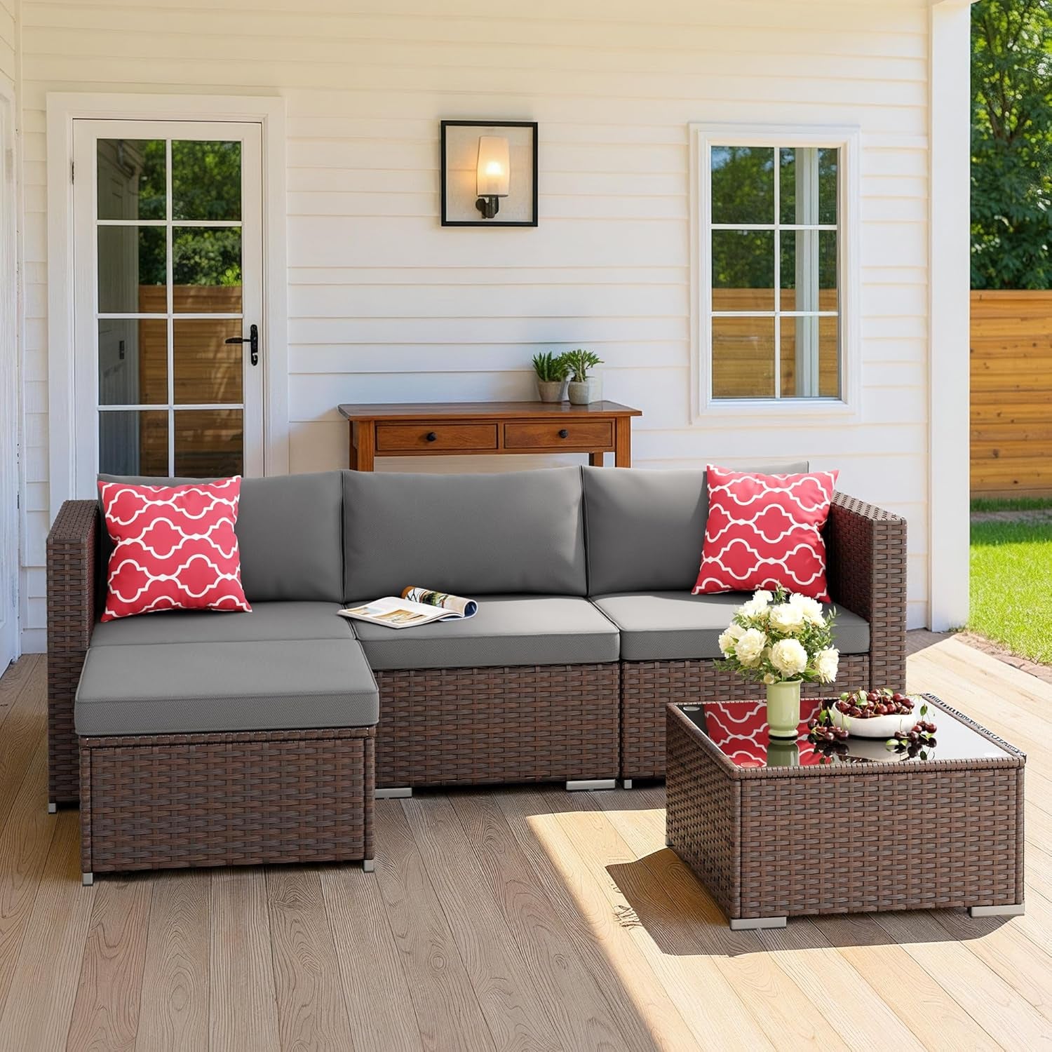 5 Pieces Patio Furniture Set All-Weather Outdoor Wicker Sectional Patio Furniture with Cushion and Glass Table (Grey)