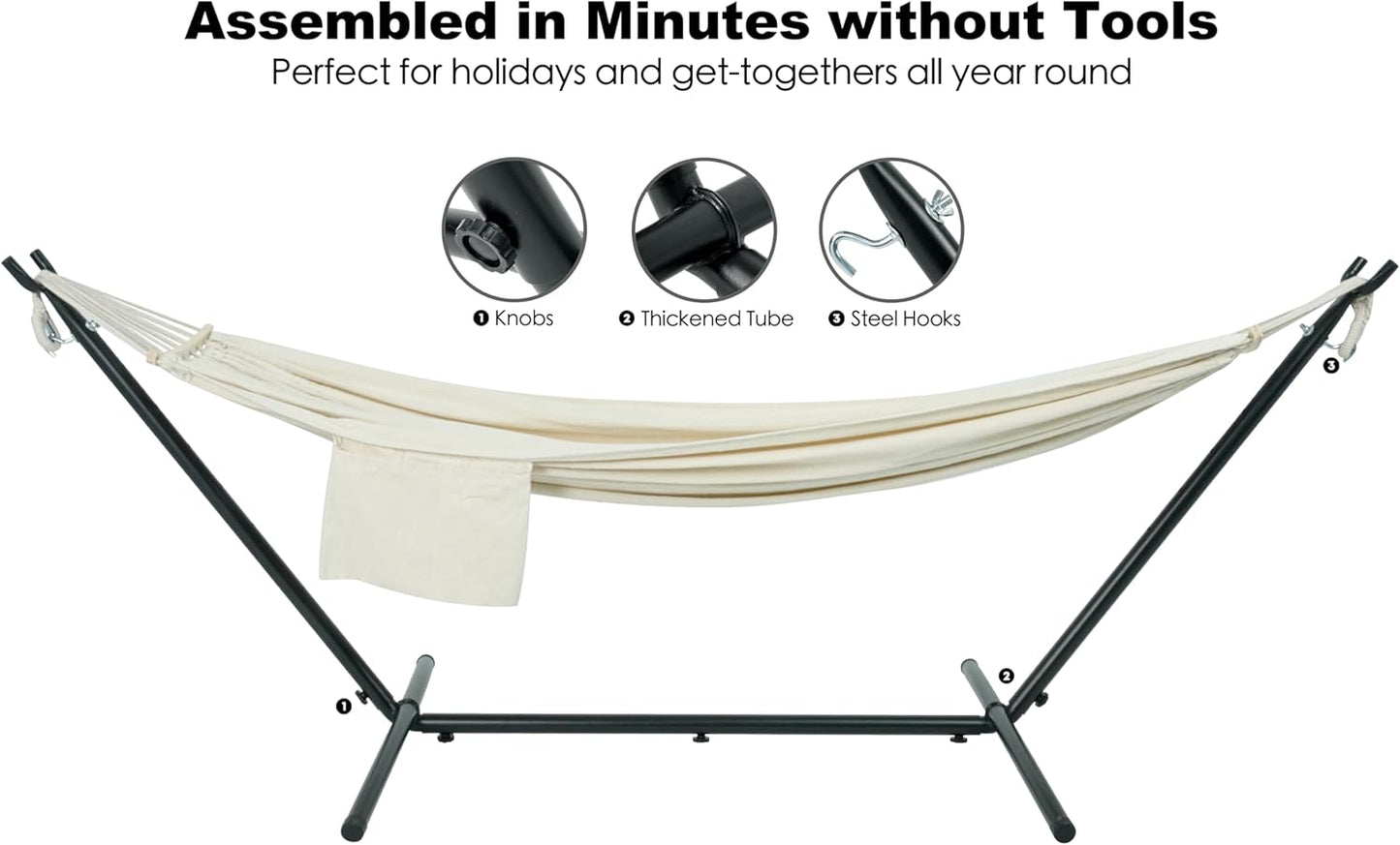 Double Hammock with Stand for Outside, Upgraded Spreader Bar, Heavy Duty Space Saving Steel Stand 2 Person, Convenient Pocket, Easy Assembly, 600Lbs Weight Capacity, Indoor & Outdoor (Natural